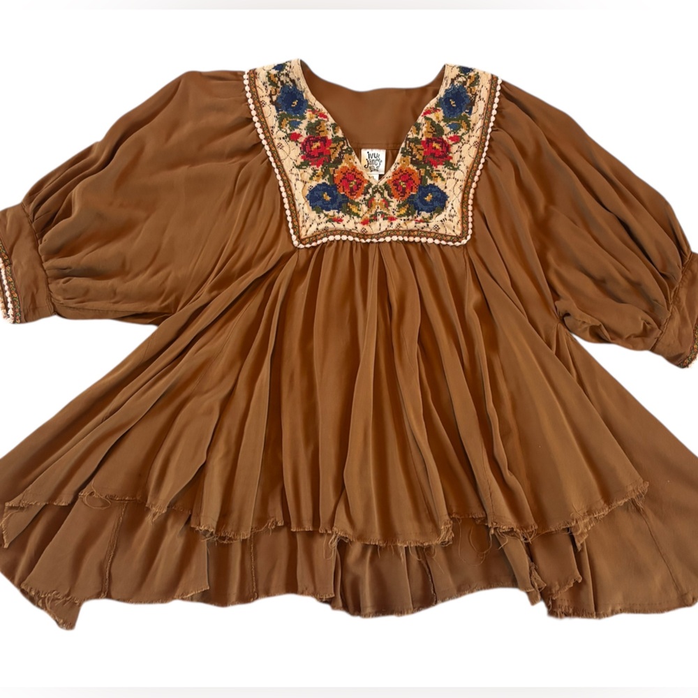 ivy jane Brown Peasant Blouse with Floral Embroidered Yoke